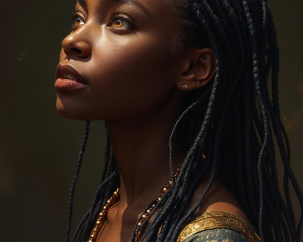 Woman with braided hair and golden eyes in textured garment