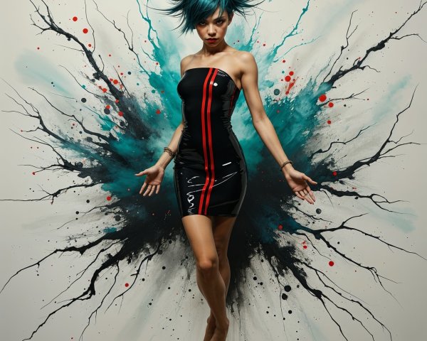 Woman with Teal Hair in Black Dress Against Abstract Art