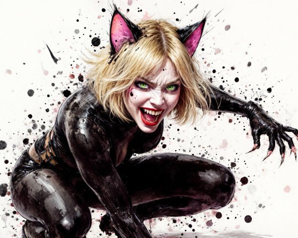 Fierce Cat-Like Character with Green Eyes and Fangs