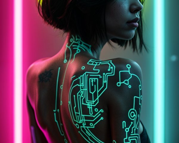Model with glowing circuitry designs in neon lights