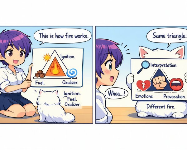 Anime Girl Explains Fire Triangle to Cat in Cartoon