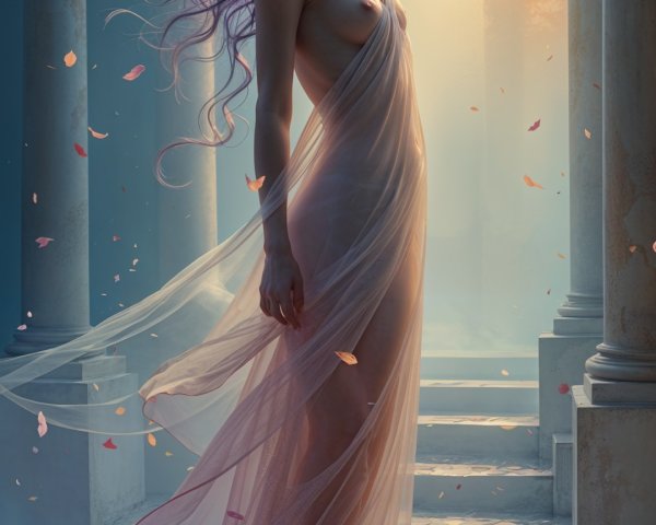 Serene figure in translucent gown with ethereal backdrop