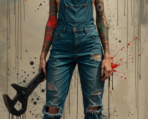 Fierce Woman with Red Hair in Ripped Denim Overalls