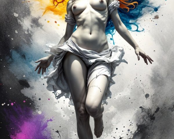 Graceful figure with red hair in colorful abstract swirl