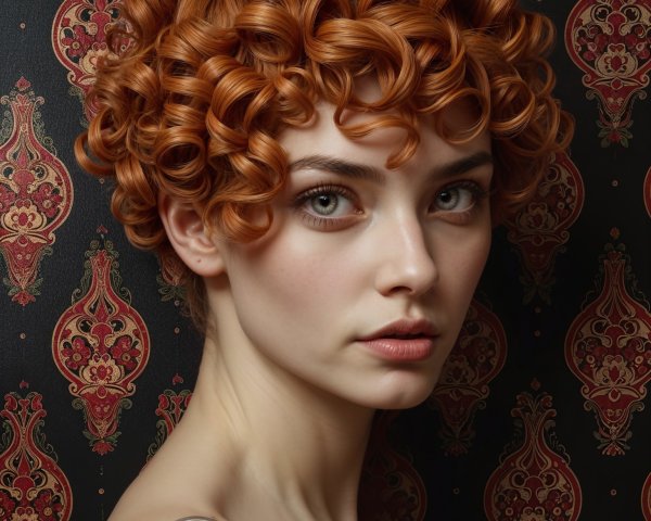 Young woman with auburn curls in vintage setting