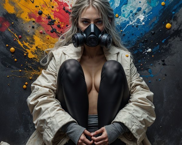 Woman in Trench Coat Against Abstract Colorful Background