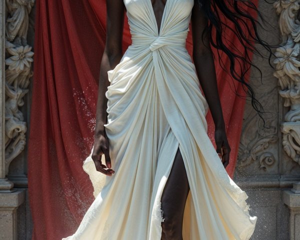 Elegant Model in Ivory Gown with Red Fabric Background