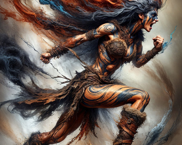 Female warrior in dynamic pose with tribal tattoos