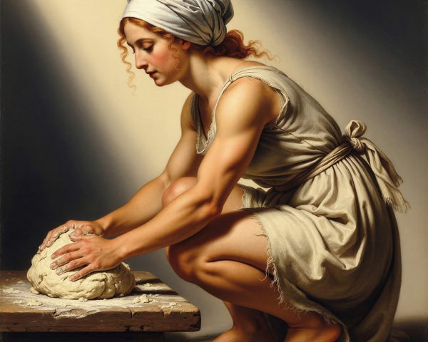 Classical Painting of Young Woman Kneading Dough