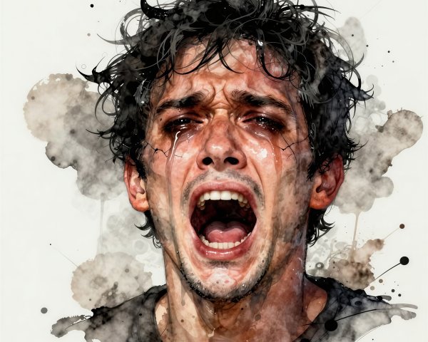 Close-Up Watercolor of a Man in Anguish