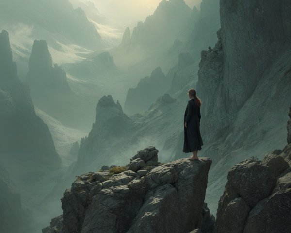 Lone Figure on Rugged Rock Overlooking Dramatic Landscape