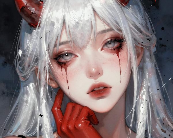 Close-Up Portrait of Anime Demon Girl with Red Accents