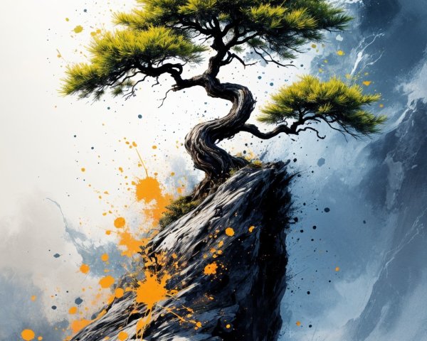 Bonsai Tree on Rock with Dramatic Colorful Backdrop