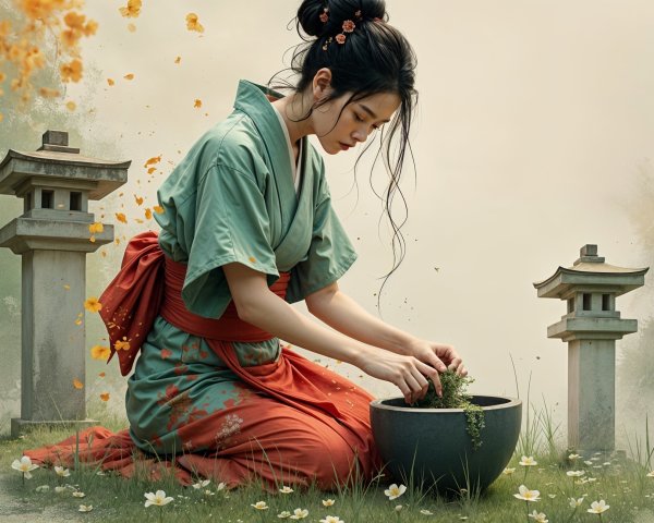 Woman in Kimono Tending Garden with Lanterns