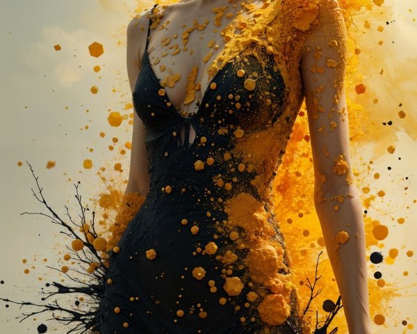 Model in Black Swimsuit with Abstract Paint Design