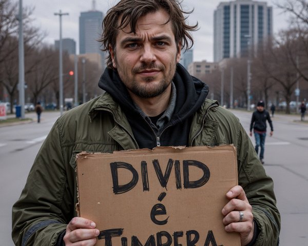 Man with Cardboard Sign in Urban Protest Scene