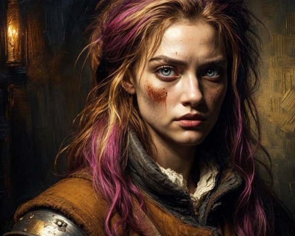 Young Woman with Green Eyes in Warrior Attire