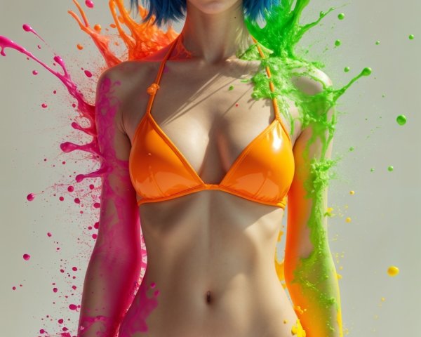 Young Woman with Blue Hair in Orange Bikini and Paint