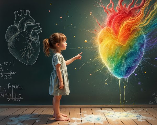 Young girl points at colorful heart on chalkboard