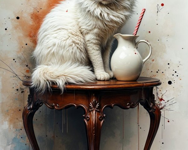 Elegant White Cat on Vintage Table with Pitcher