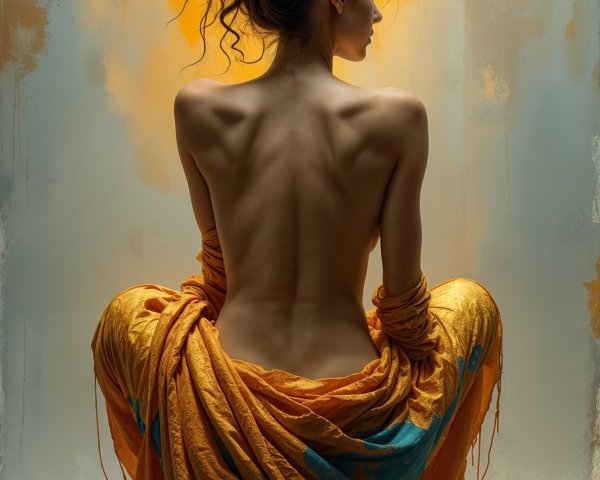 Woman in flowing orange and turquoise fabric, back view