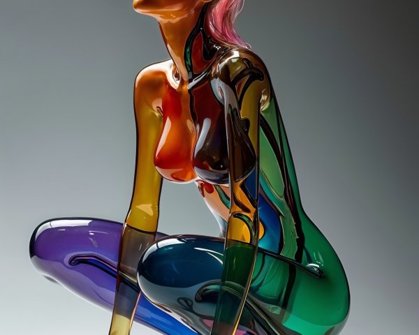 Vibrant Crouching Figure in Glossy Multi-Colored Bodysuit