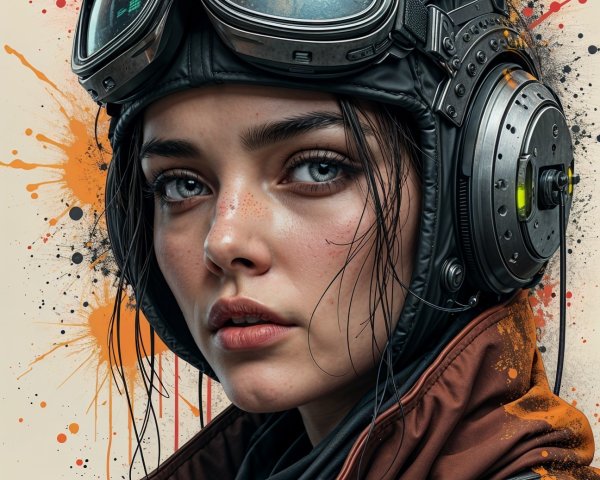Close-up of a woman in a futuristic helmet and jacket