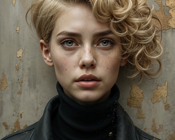 Young woman in elegant black outfit with artistic backdrop