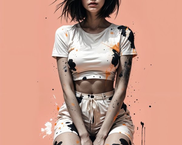 Young Woman in Cream Outfit Against Orange Background