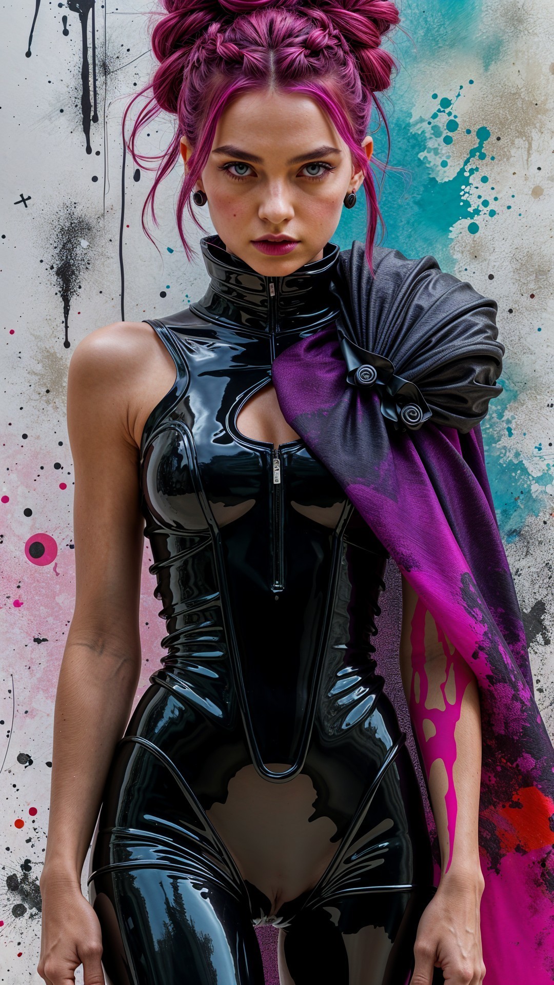 Confident Figure in Black Latex with Abstract Background