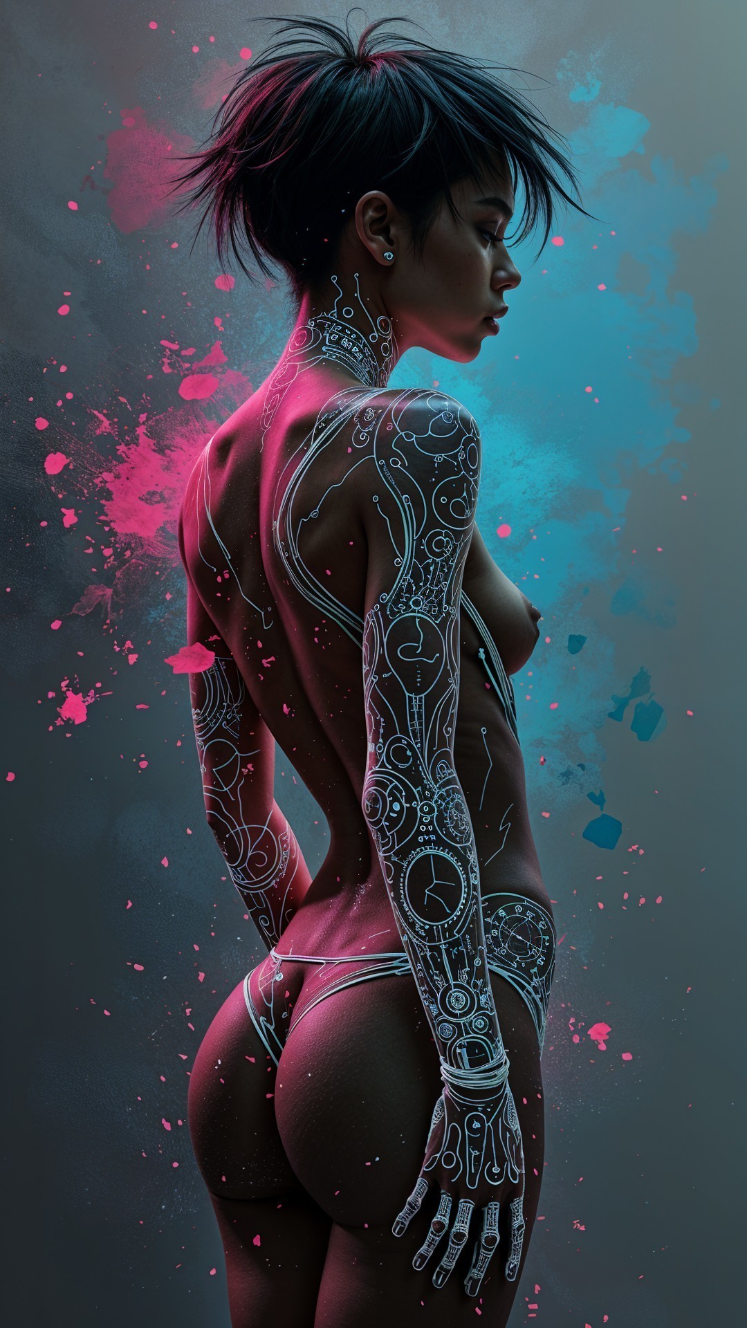 Futuristic figure with luminescent tattoos and vibrant background