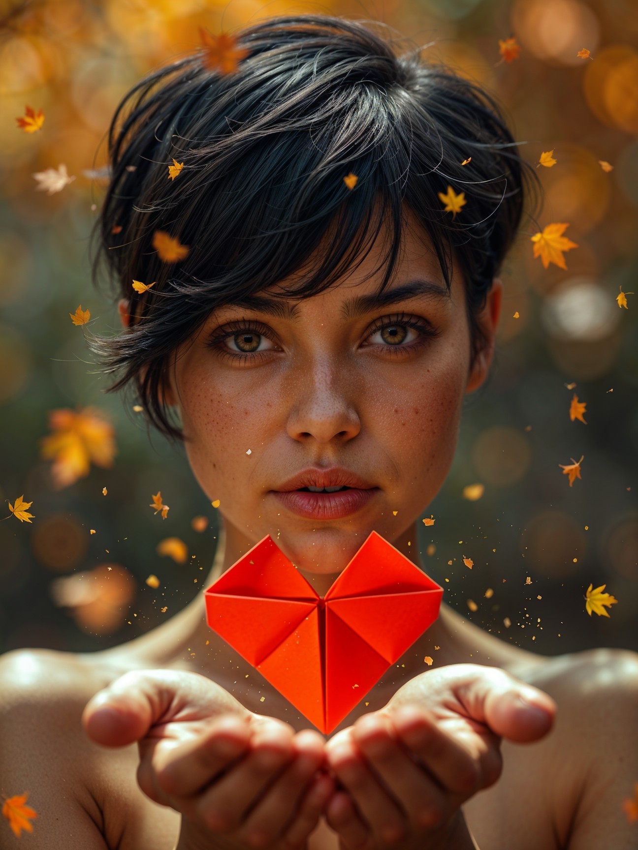 Young woman with origami heart in autumn setting