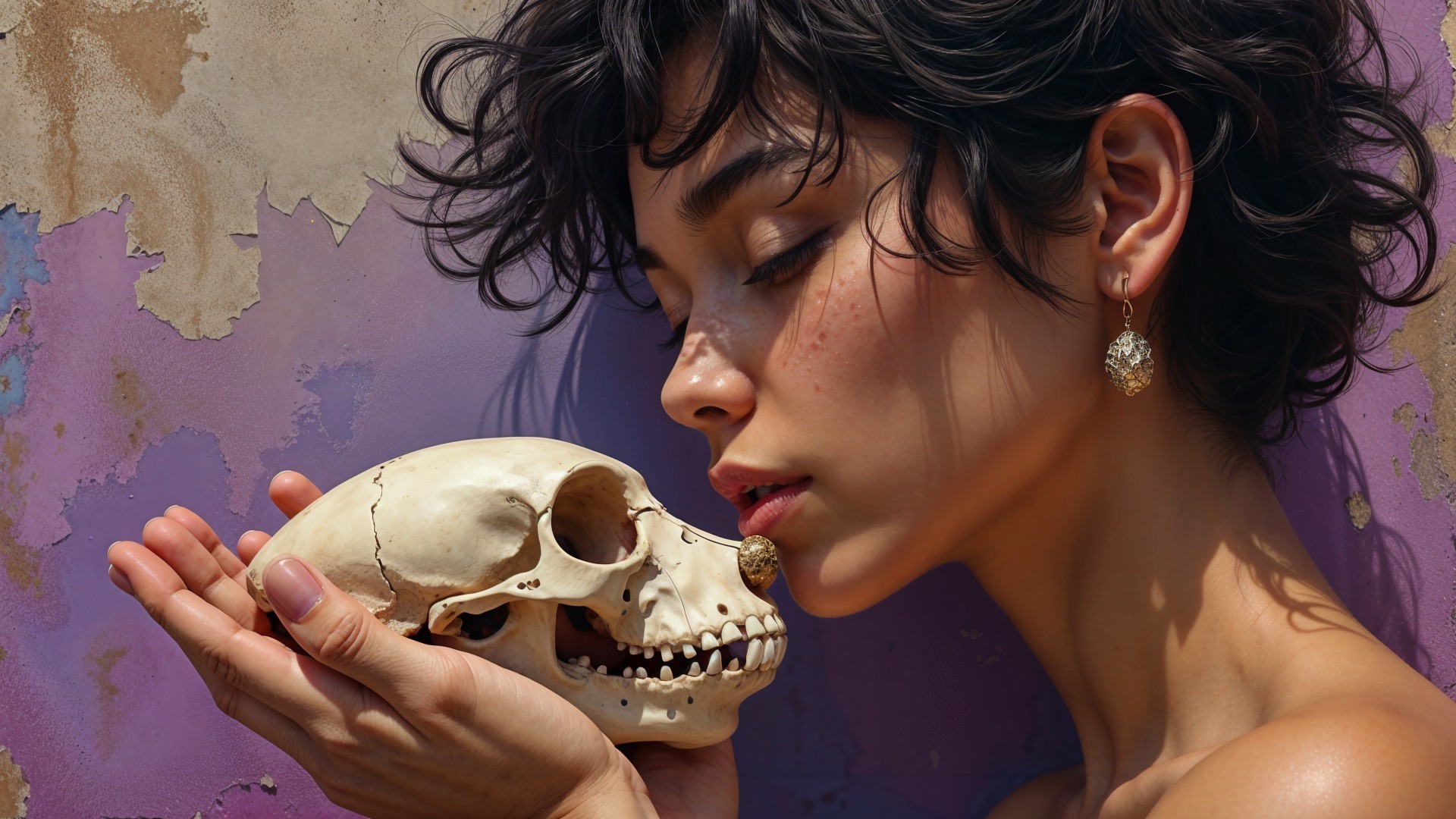Young Woman Holding Skull Against Faded Purple Wall