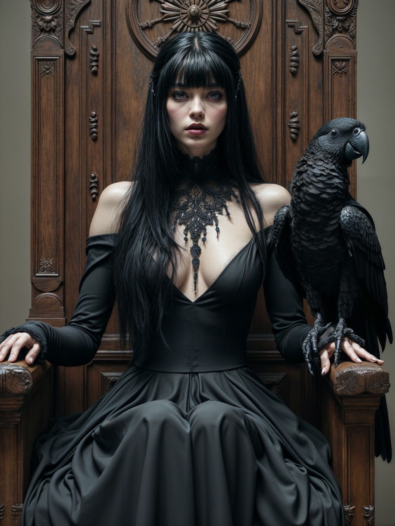 Elegant figure in black gown on ornate throne with raven