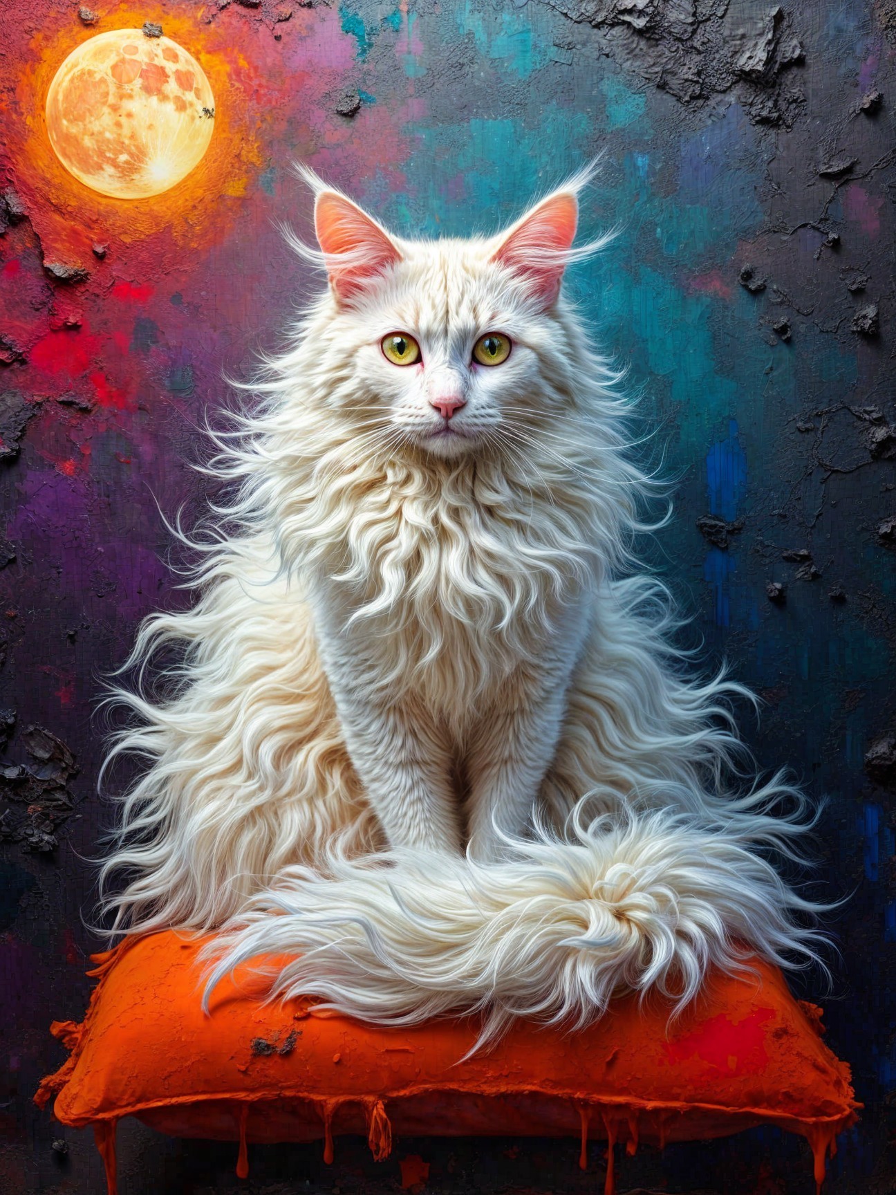 Majestic white cat on vibrant orange pillow with moonlight
