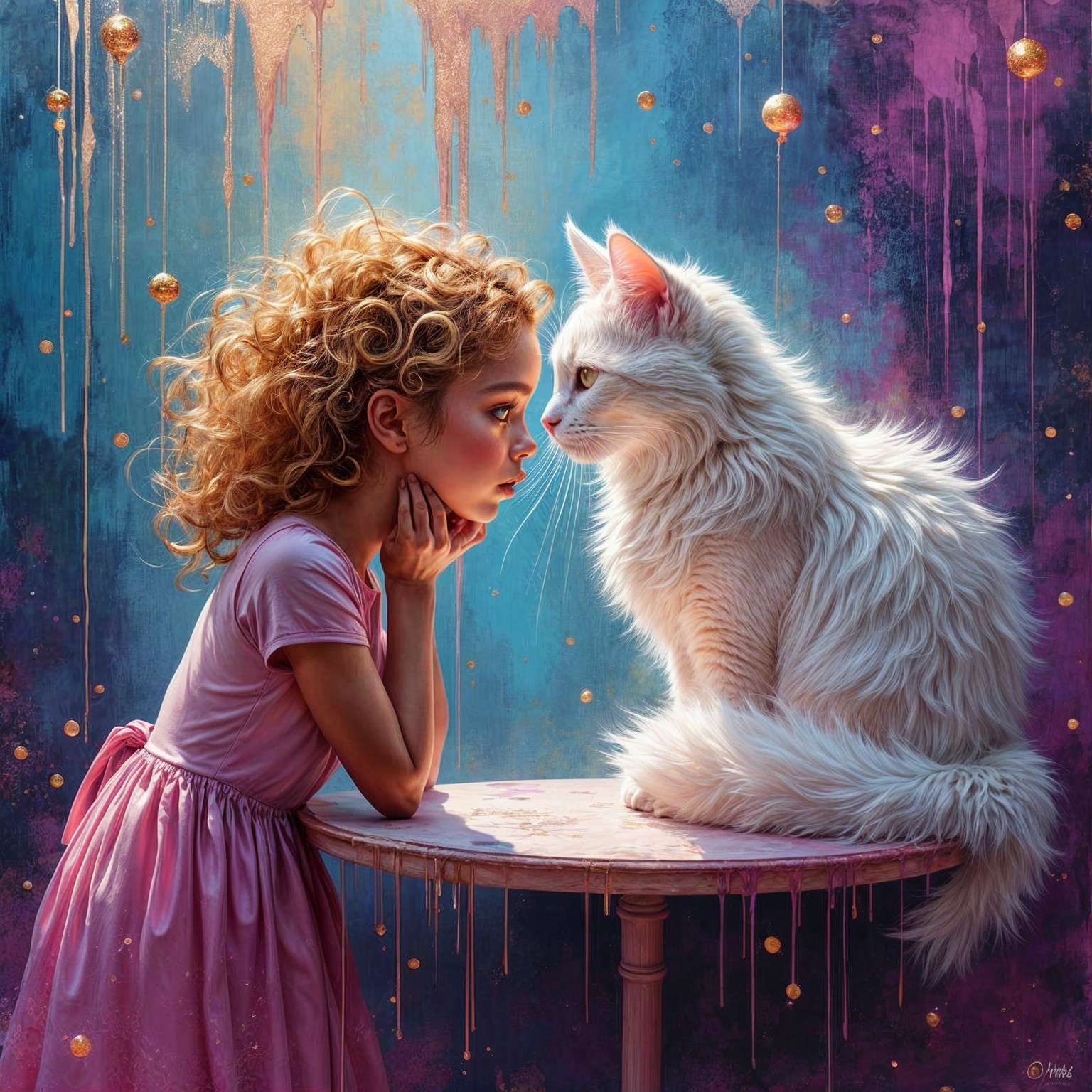 Young girl in pink dress gazes at fluffy white cat