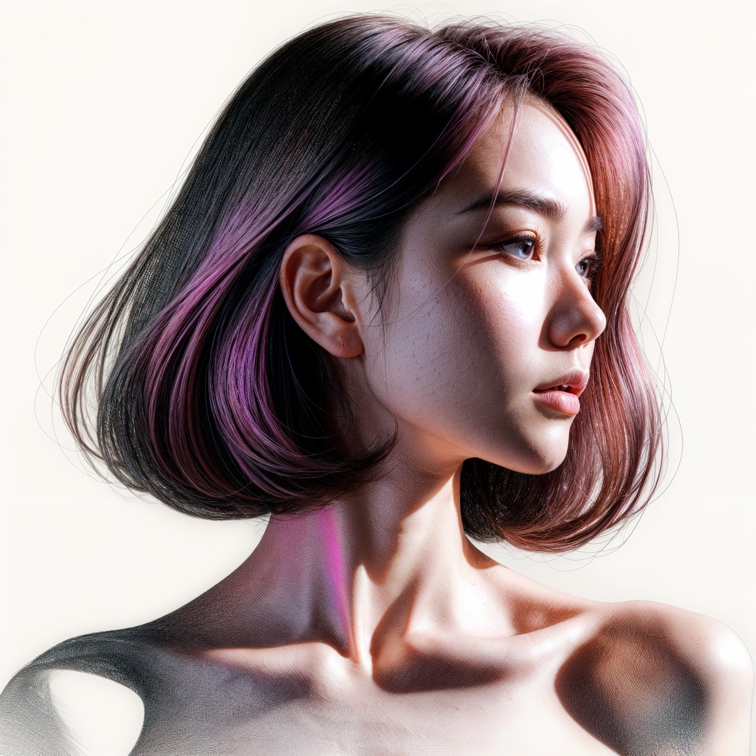 Young woman with sleek bob hairstyle and radiant complexion