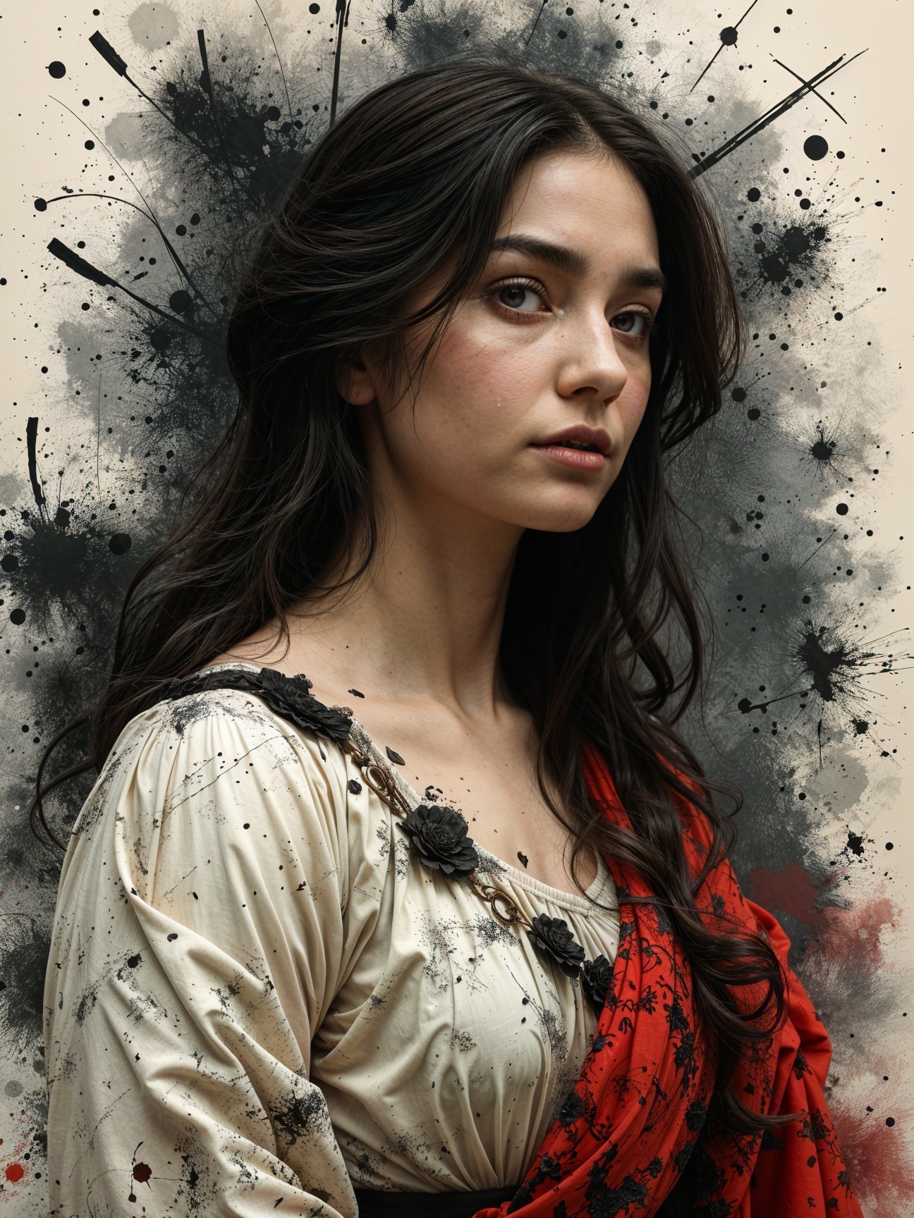 Portrait of a Young Woman in Cream Dress and Red Shawl