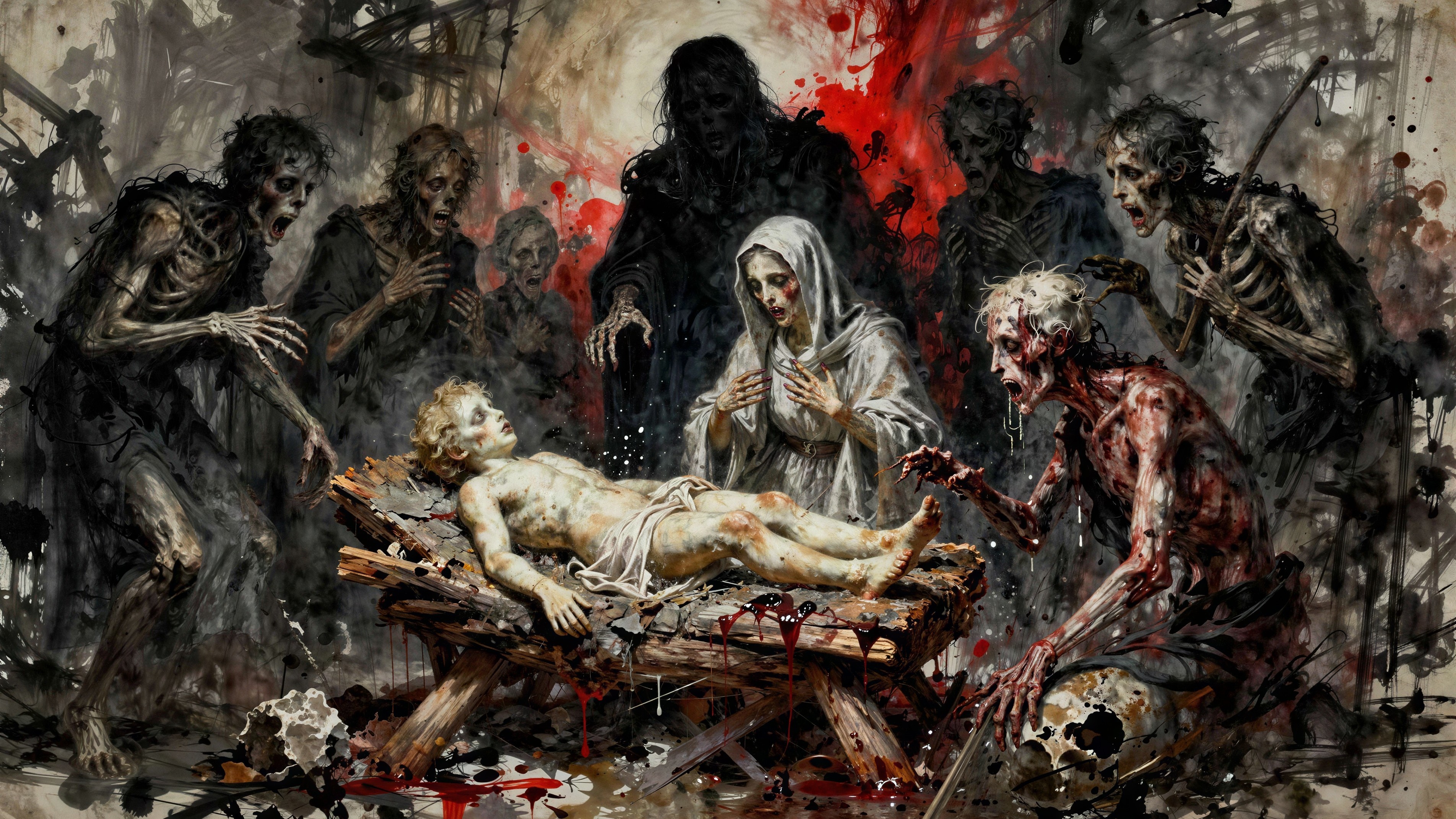 Dramatic Painting of Grieving Woman and Zombies