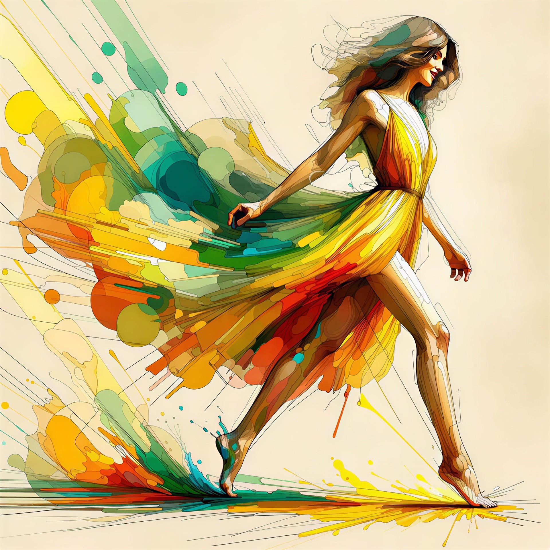 Full-Body Digital Painting of a Woman in Colorful Dress