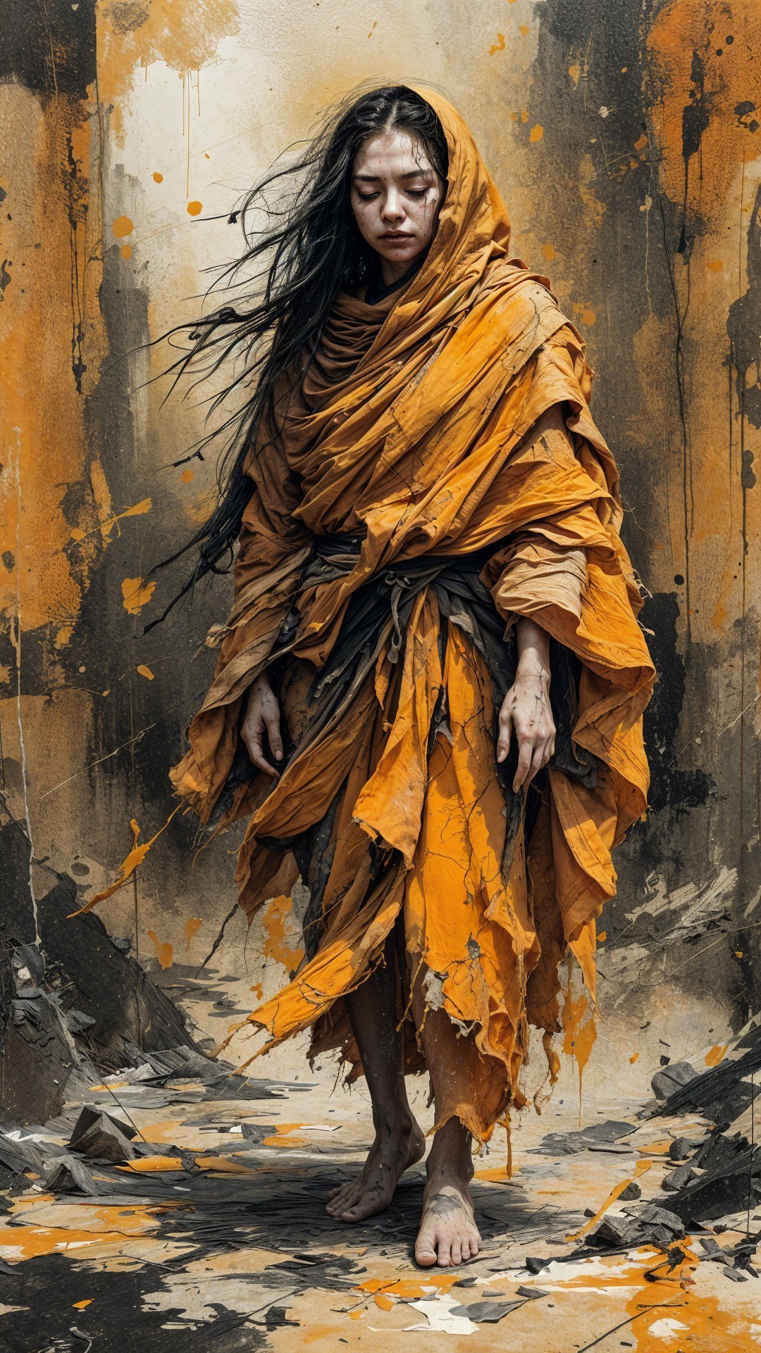 Woman in Tattered Orange Fabric Against Chaotic Backdrop