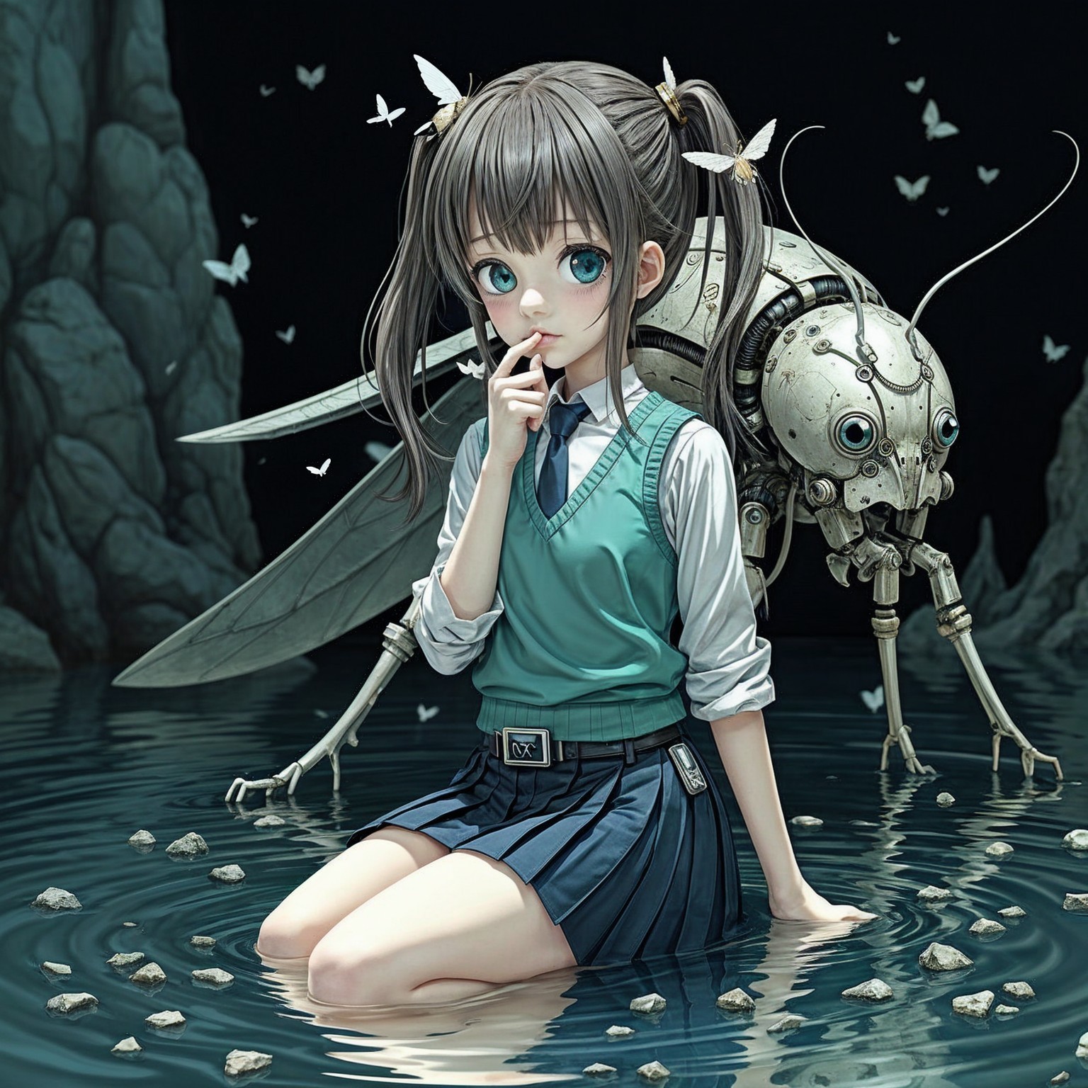 Girl by Water with Insect Creature and Butterflies