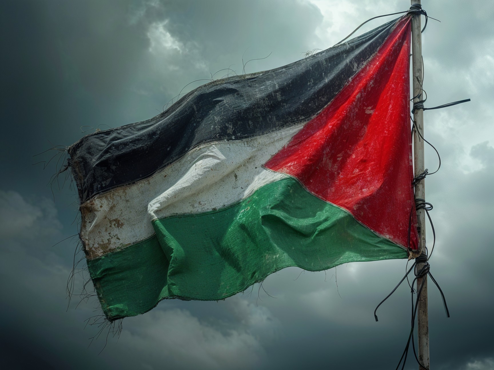Weathered Palestinian Flag Against Dark Skies