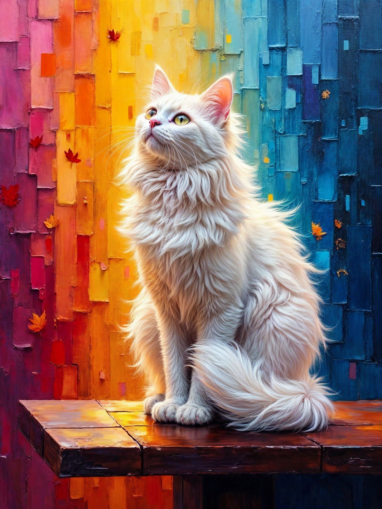 White Cat on Wooden Surface with Colorful Background