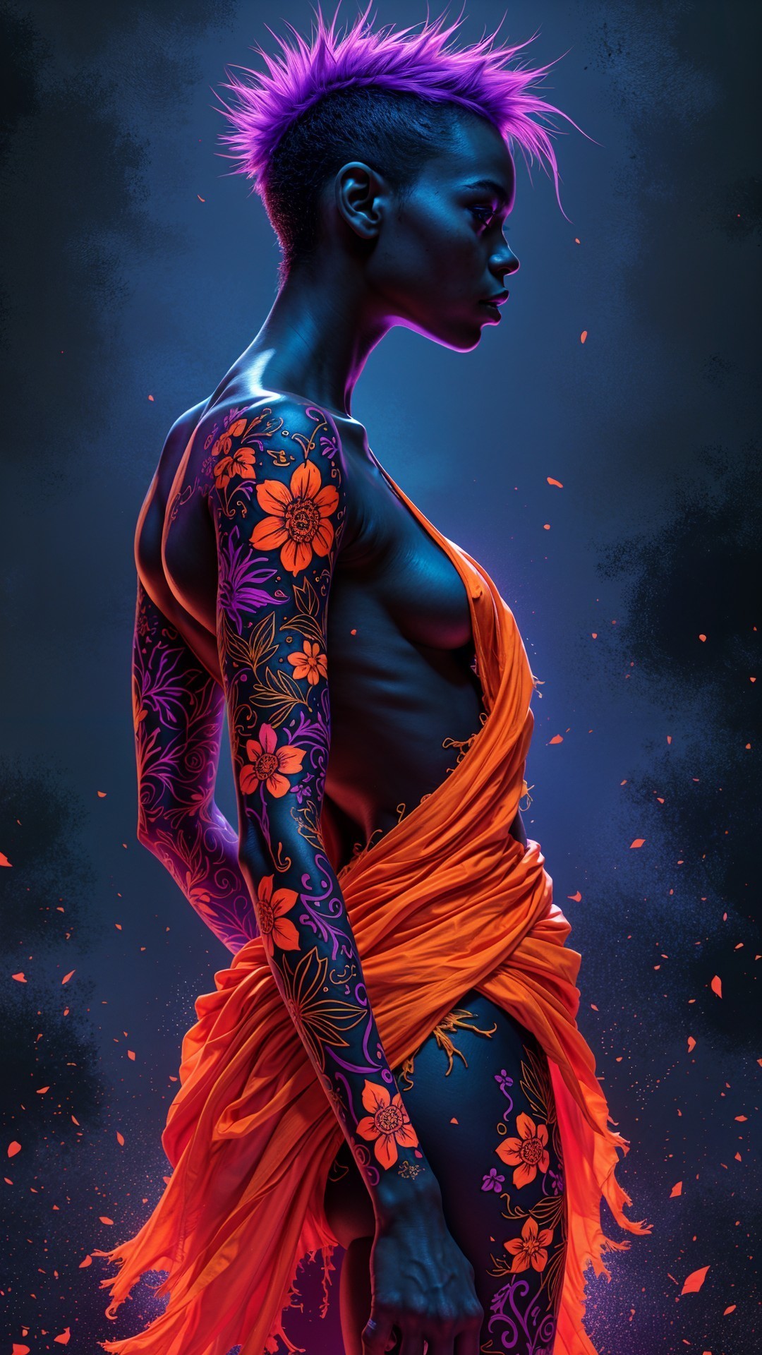 Person with blue skin and floral tattoos in orange fabric