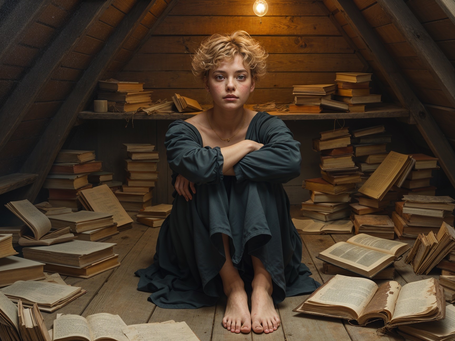Young Woman in Attic Surrounded by Books and Light