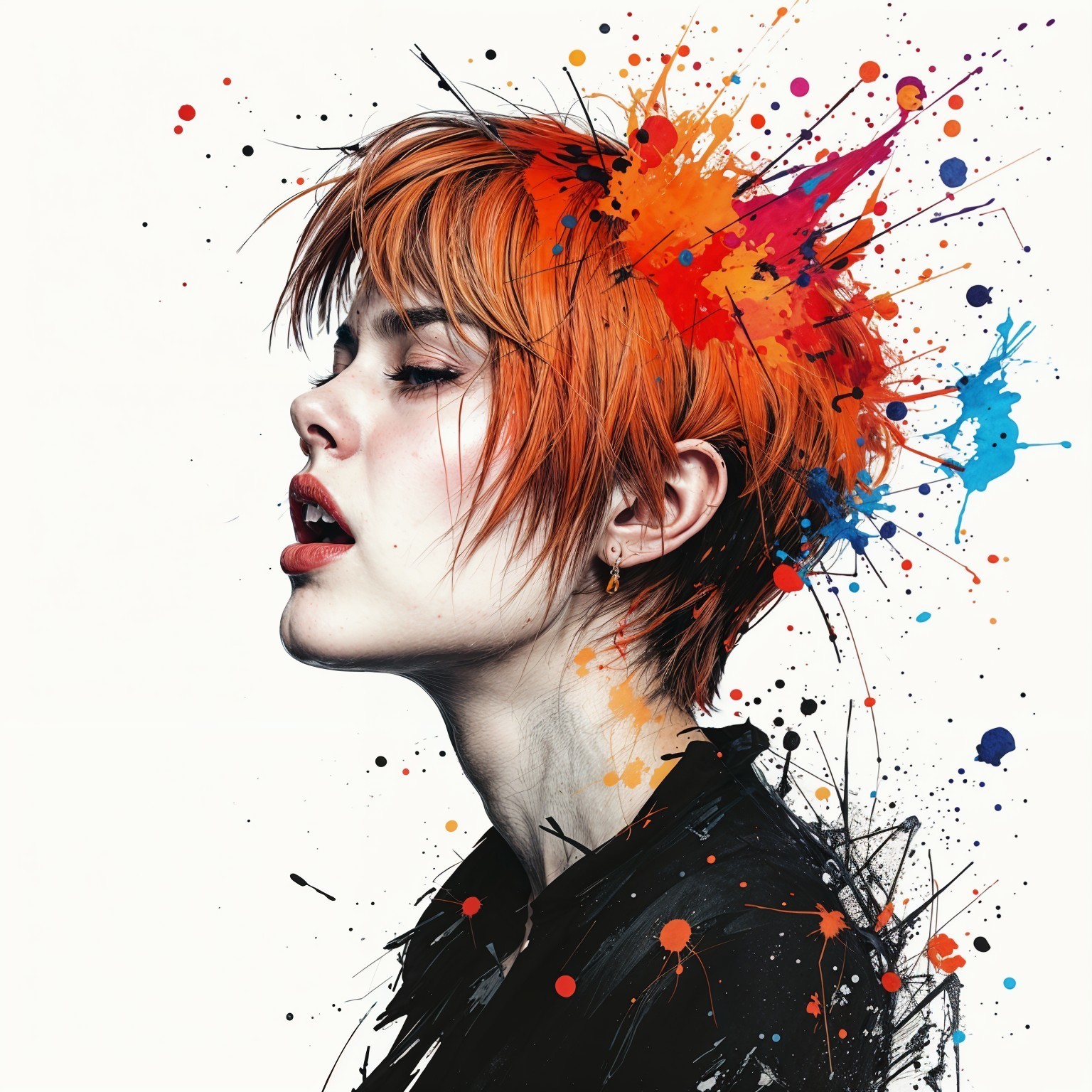 Profile of a Woman with Orange Hair and Colorful Paint