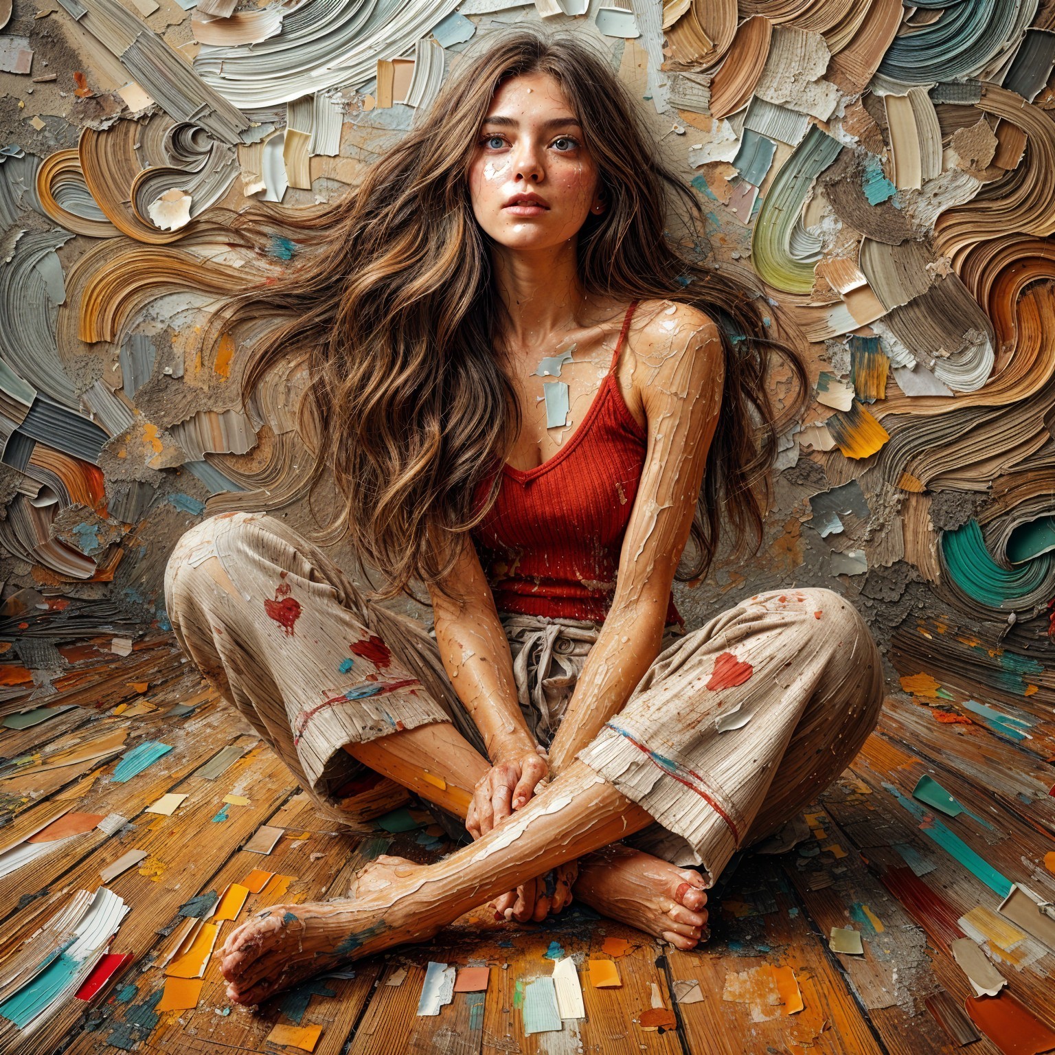 Young woman in red tank top amidst colorful abstract background