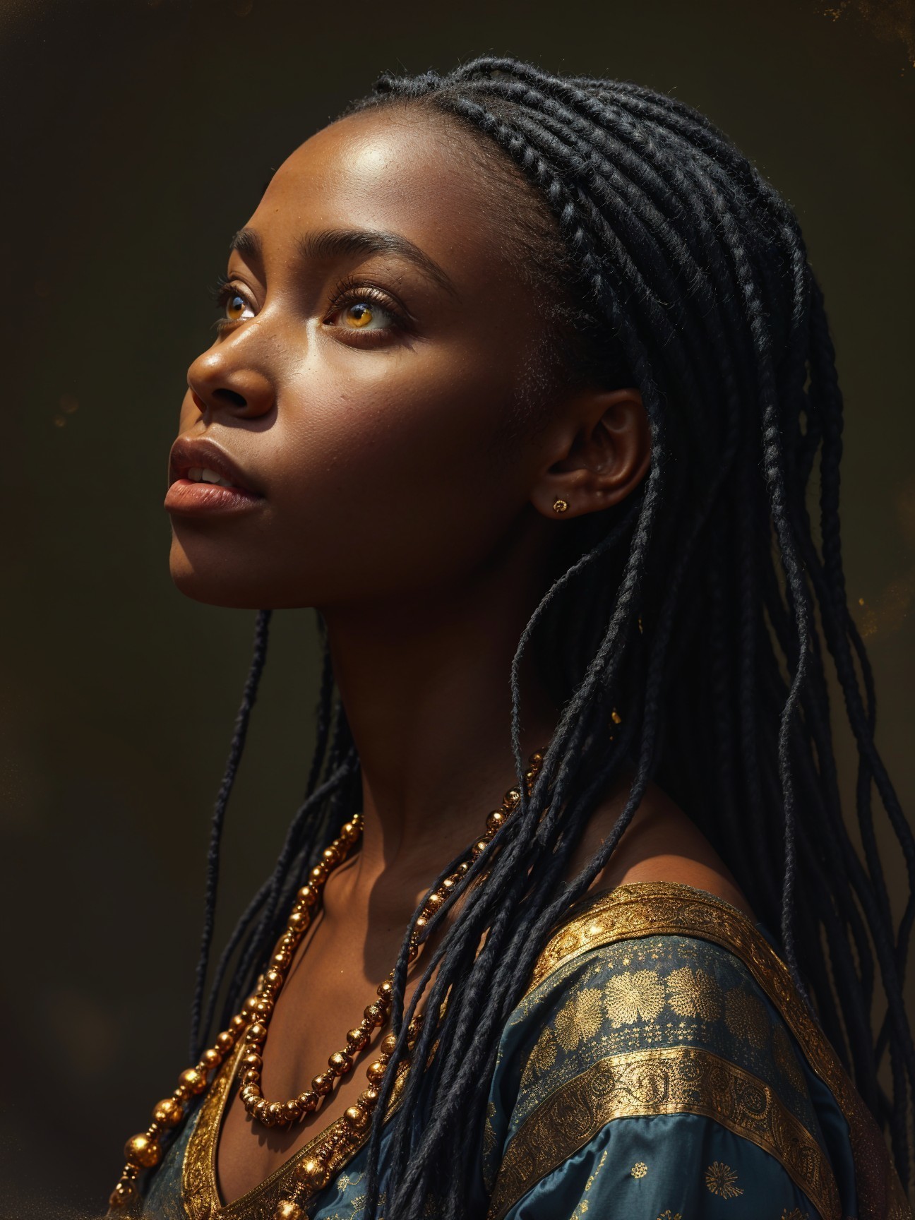 Woman with braided hair and golden eyes in textured garment