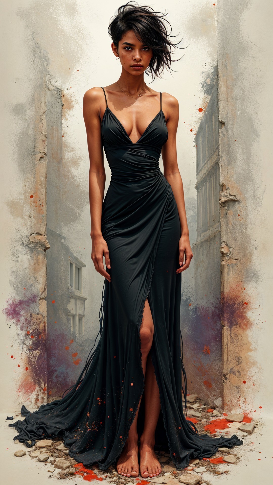 Elegant Figure in Black Gown in Urban Landscape